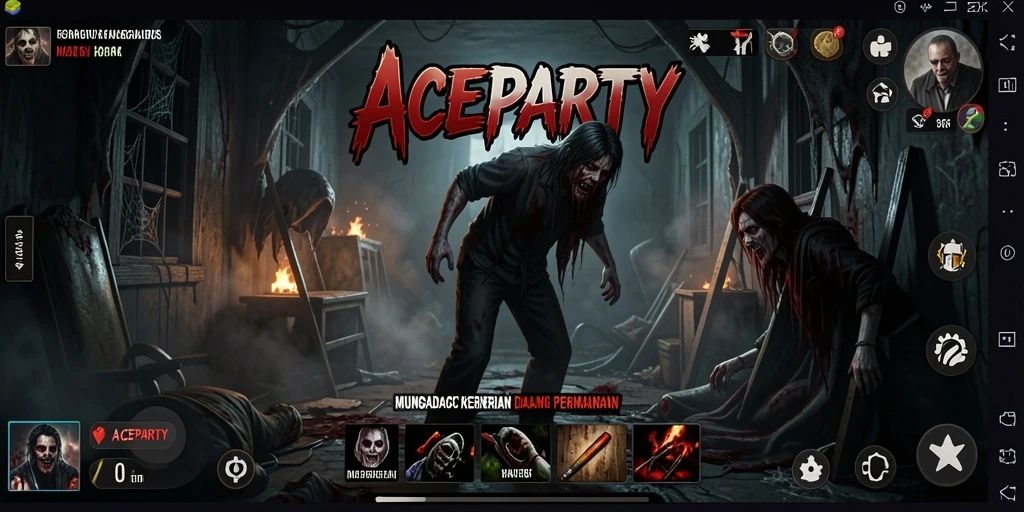 Screenshot gameplay ACEPARTY dengan suasana mencekam dan karakter menyeramkan.