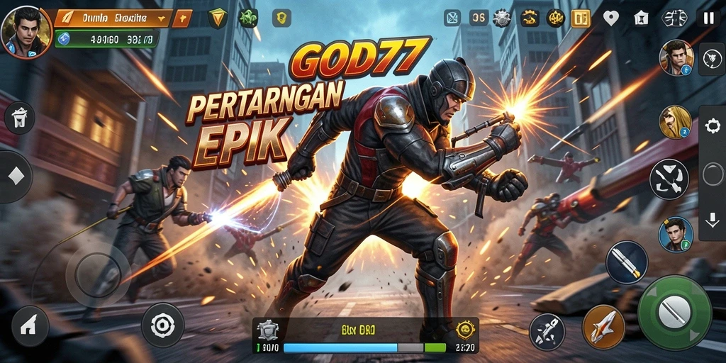Screenshot gameplay GOD77 menunjukkan aksi pertarungan yang intens.