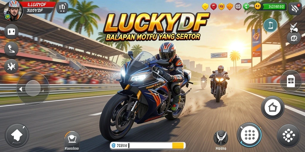 Gameplay LUCKYDF menampilkan balapan motor yang penuh aksi dan intens.