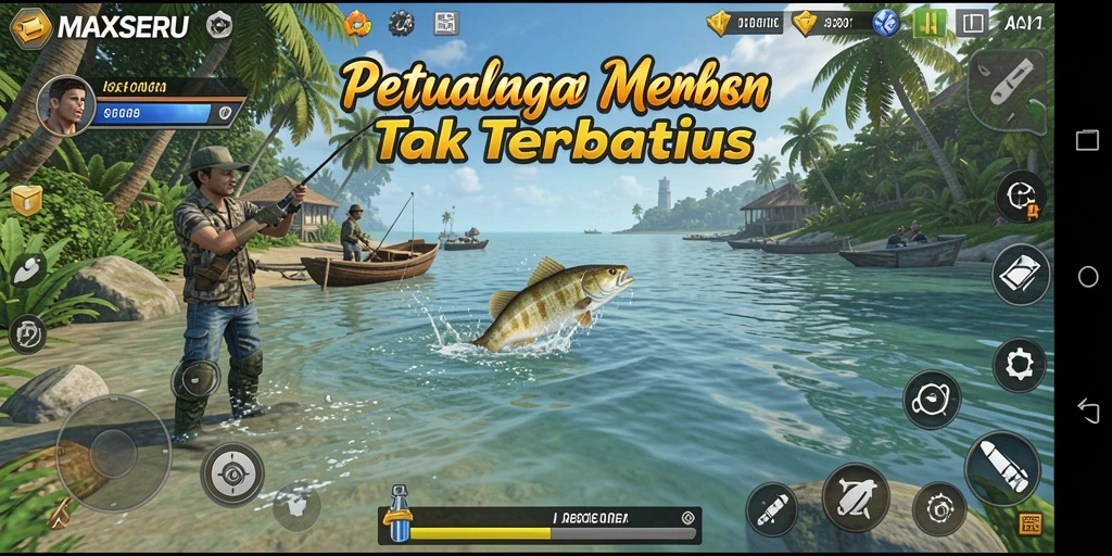 Screenshot menunjukkan momen seru menangkap ikan di MAXSERU.