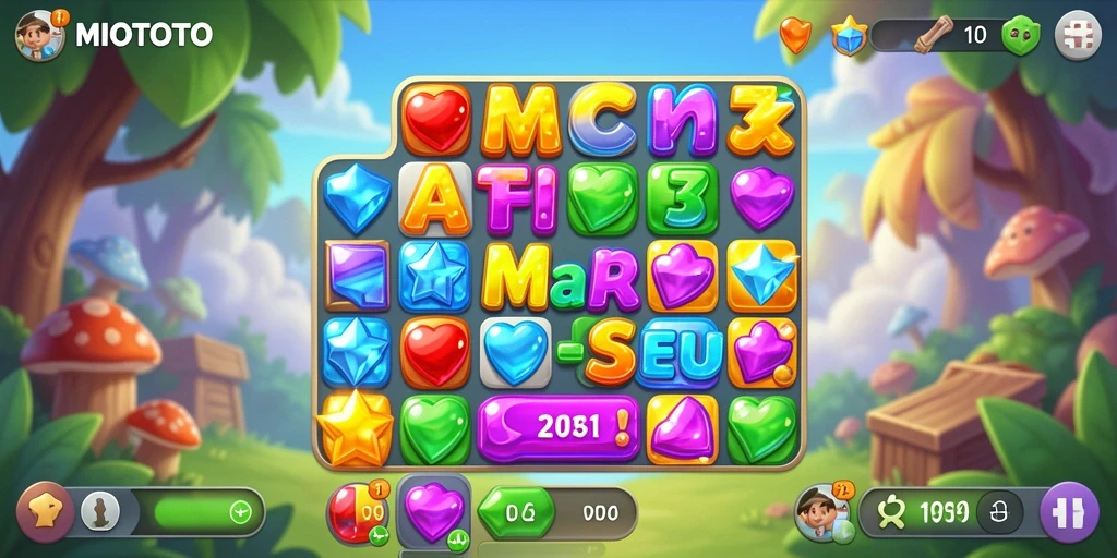 Tangkapan layar utama MIOTOTO menampilkan gameplay Match-3 yang seru dan menantang.