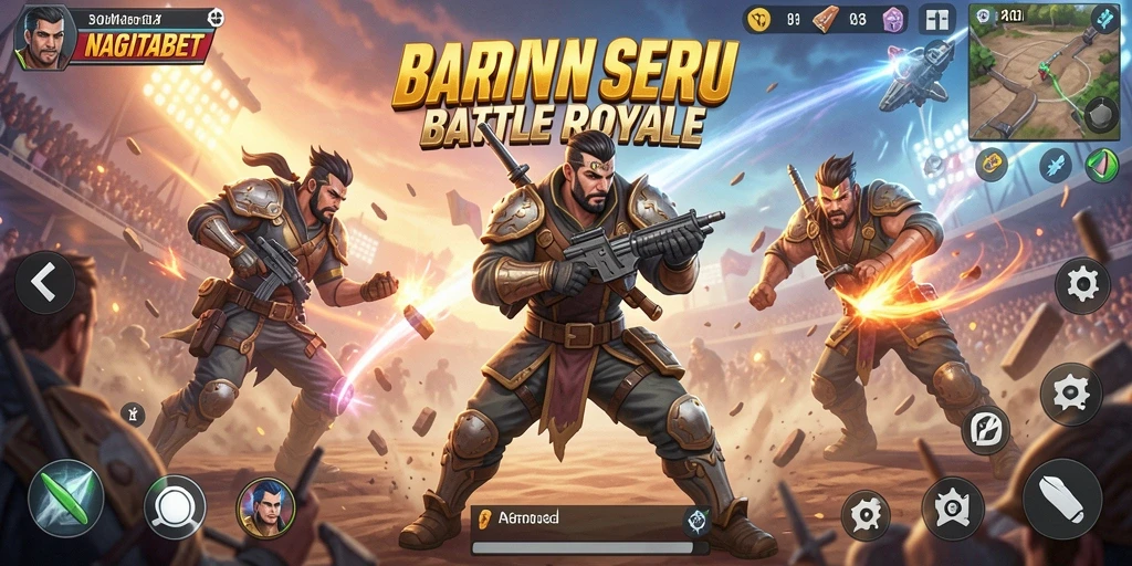 Screenshot menampilkan karakter dalam pertempuran medan perang Battle Royale.