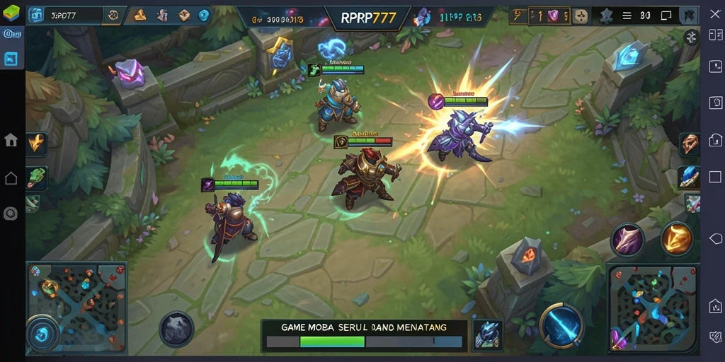 Screenshot gameplay RPRP777 menampilkan aksi pertempuran epik dalam game MOBA.