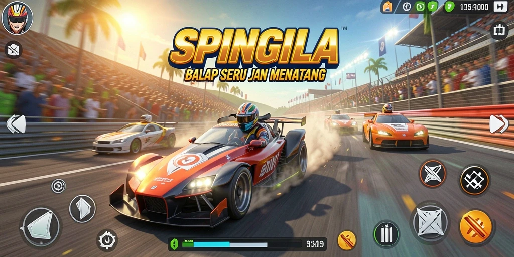Gambar menampilkan aksi balap intens di SPINGILA dengan mobil yang melaju cepat.
